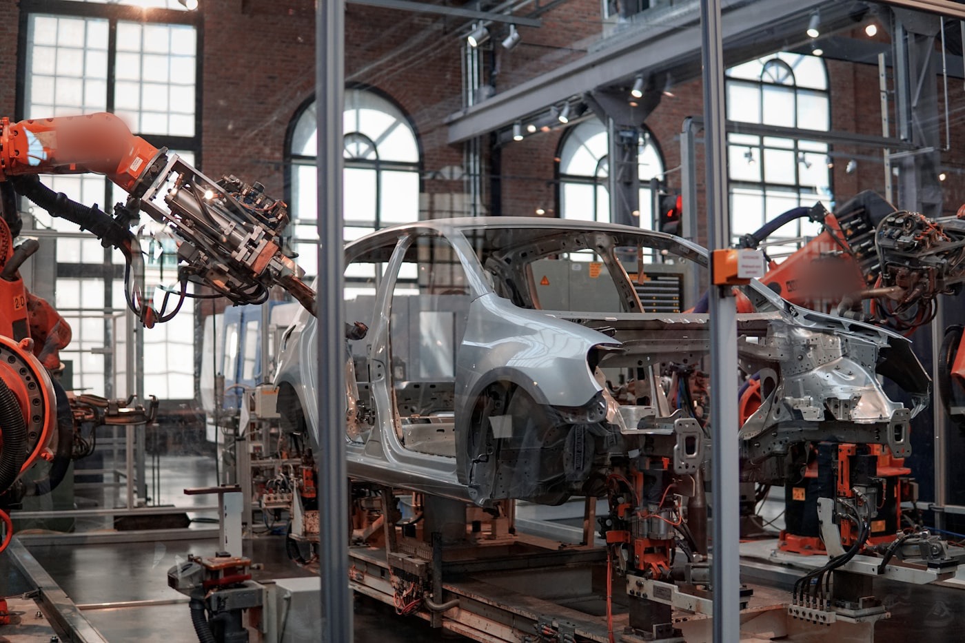 Industrial robots on an automotive welding production line